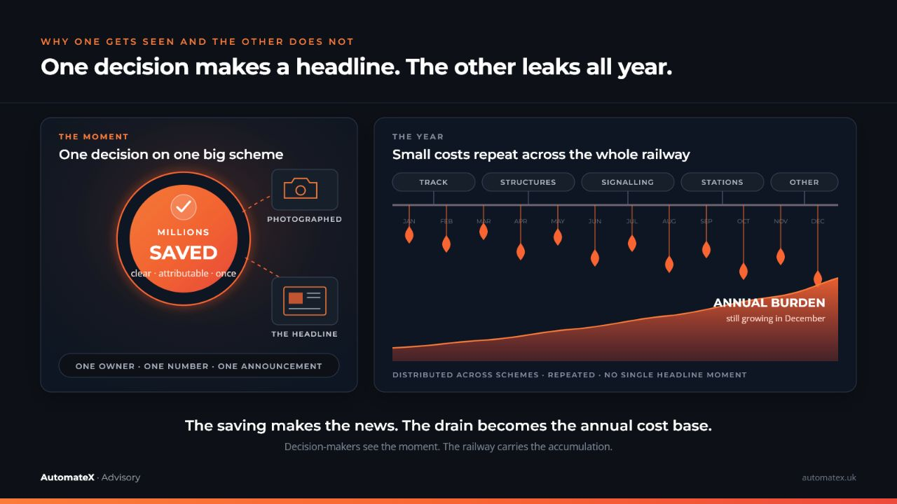 A single decision on one large scheme saves millions and becomes a headline; repeated costs leak across multiple schemes from January to December and accumulate into an annual burden.