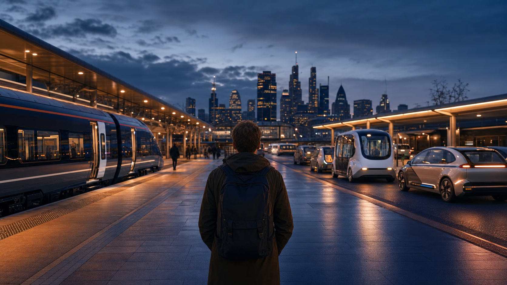 A passenger stands between a modern electric train and autonomous road vehicles at a future British transport interchange.