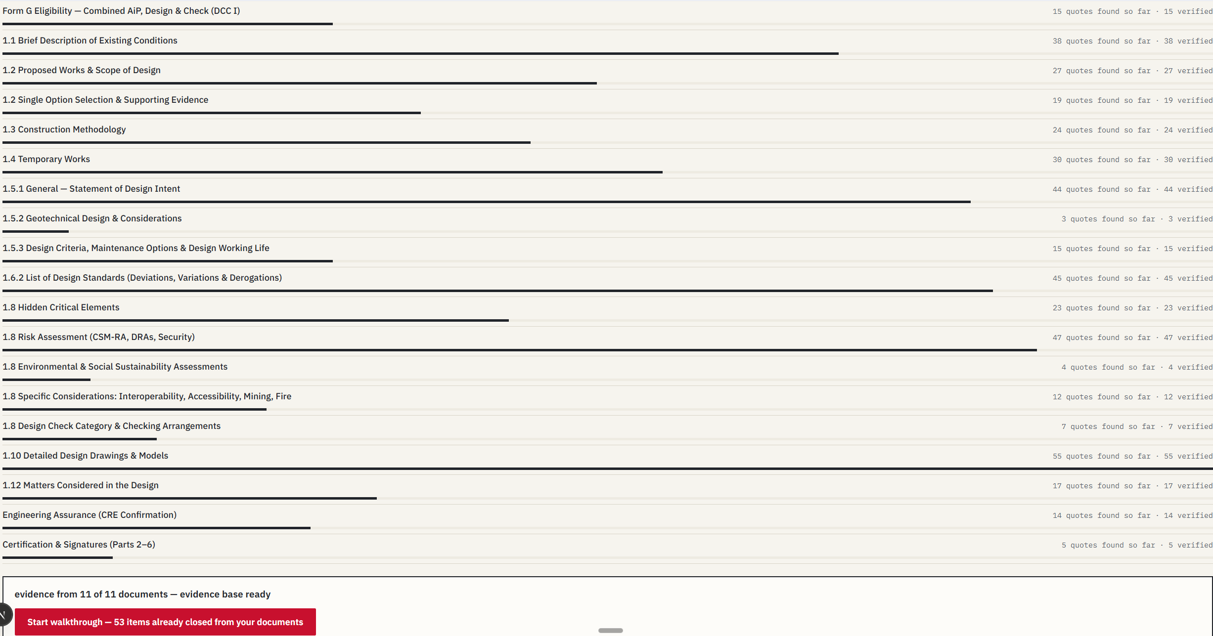 Scribtive showing every Form G section with the count of evidence quotes found and verified across 11 project documents