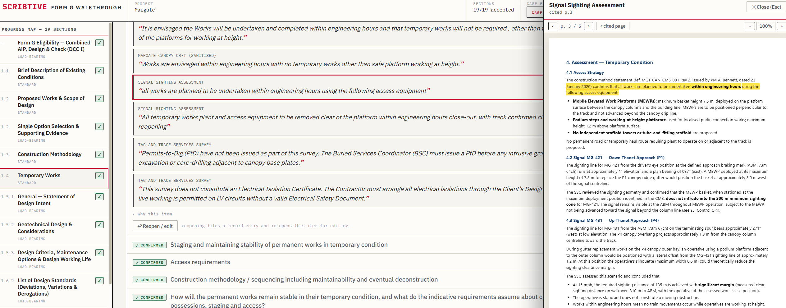 Scribtive section walkthrough with the AI draft, human-guidance flags, and the source document shown alongside