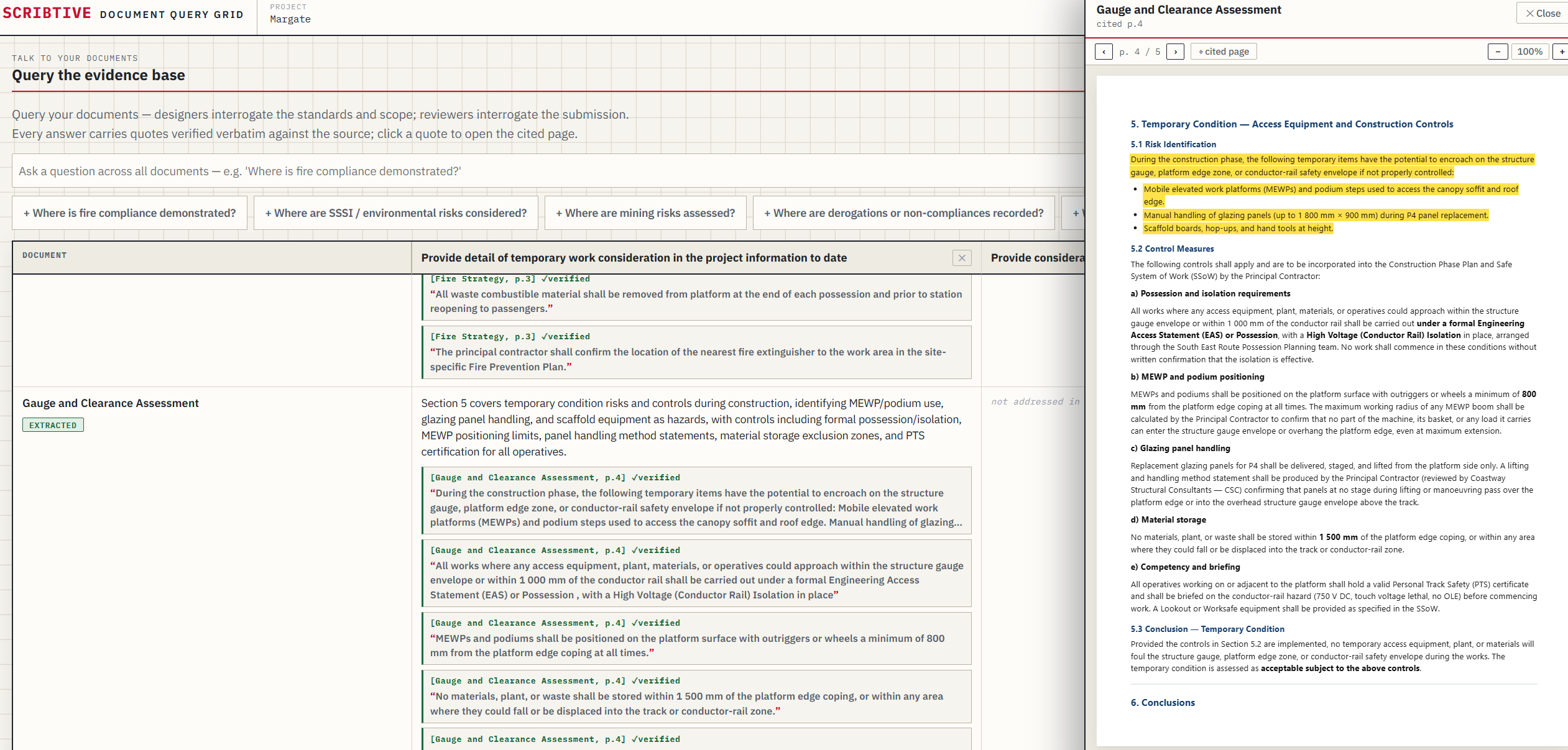 Scribtive document query mode returning answers as verified quotes linked to the source page
