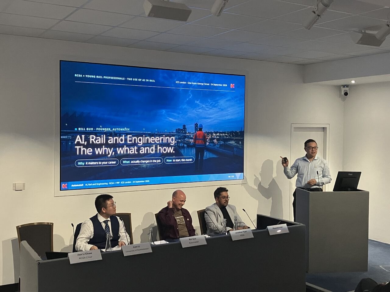 Bill Guo presenting AI, Rail and Engineering at One Great George Street
