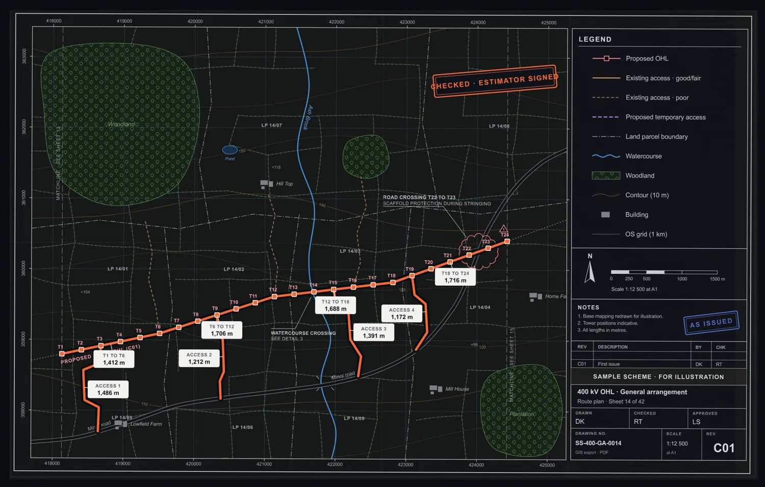 A route plan with the overhead line and access tracks traced in orange, each length labelled in metres