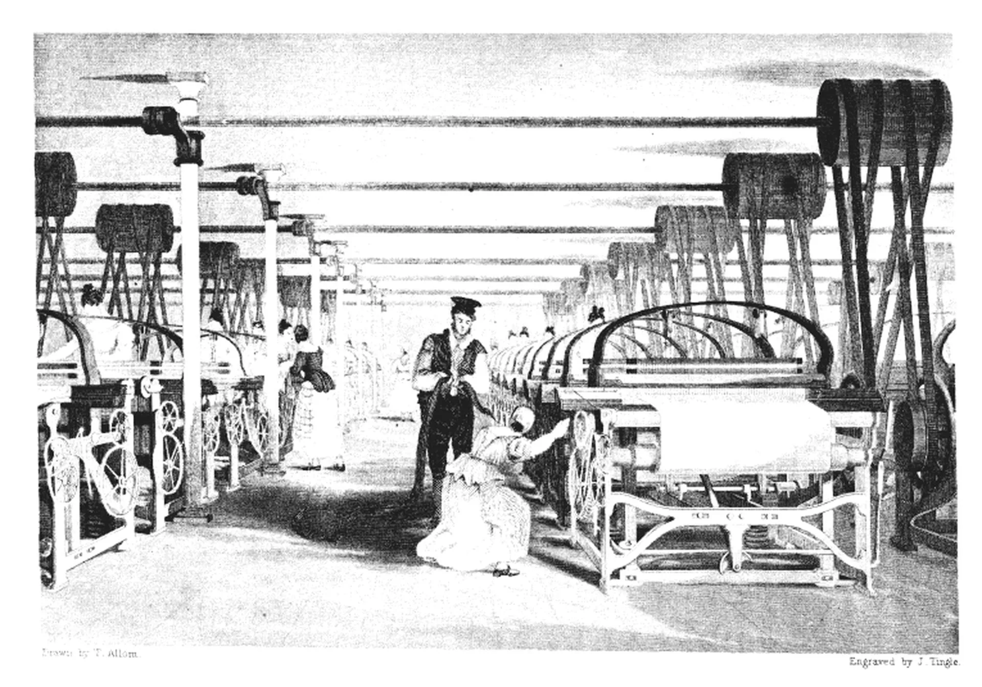A mill floor driven by line shafts and belts, engraving after T. Allom, 1835